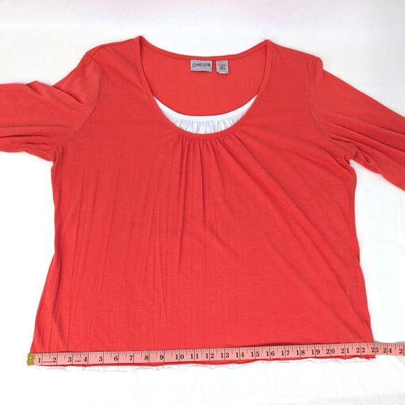 Chicos Womens 2 / Large Coral Orange White Faux Layered 3/4 Sleeve Top Shirt - Picture 6 of 7